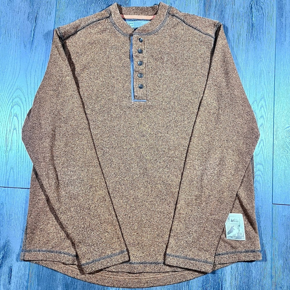REI Mens Sweatshirt Large Crew Neck Solid Brown‎ Waffle Outdoor Pullover Lining